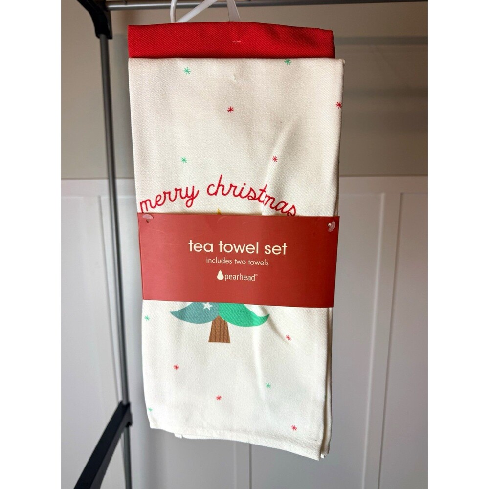 Pearhead 2pc Embroidered Christmas Tree Tea Towels Set, Cotton Red/White/Green